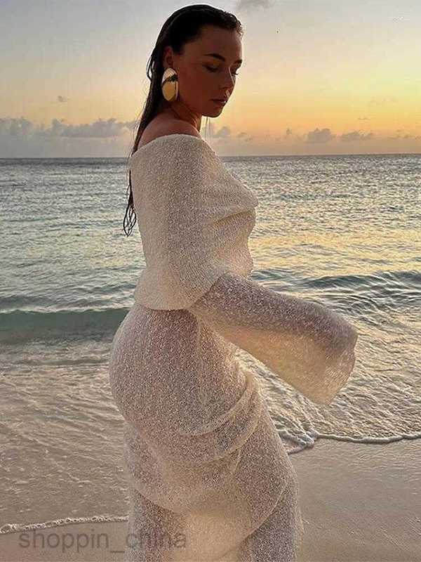 Casual Dresses Women's Summer Slash Neck Sunscreen Maxi Dress Chic Long Sleeve Bodycon Knitted Vestidos Female Elegant Holiday G05
