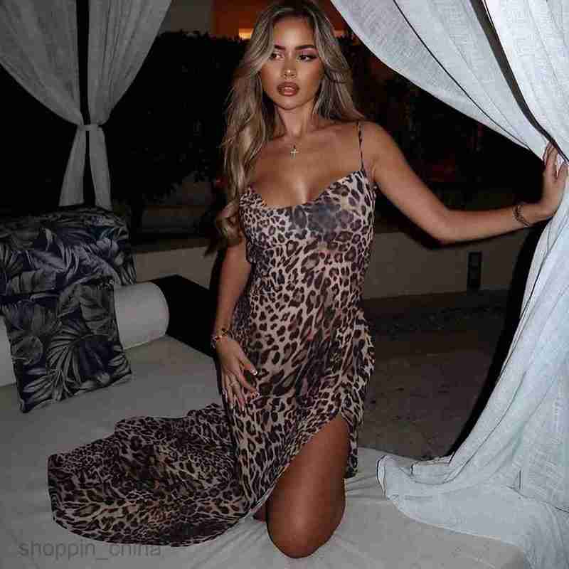 Basic Casual Dresses Summer Street Style New Fashion Leopard Print Sexy V-neck Split Strap Dress for Women Shirt Dress