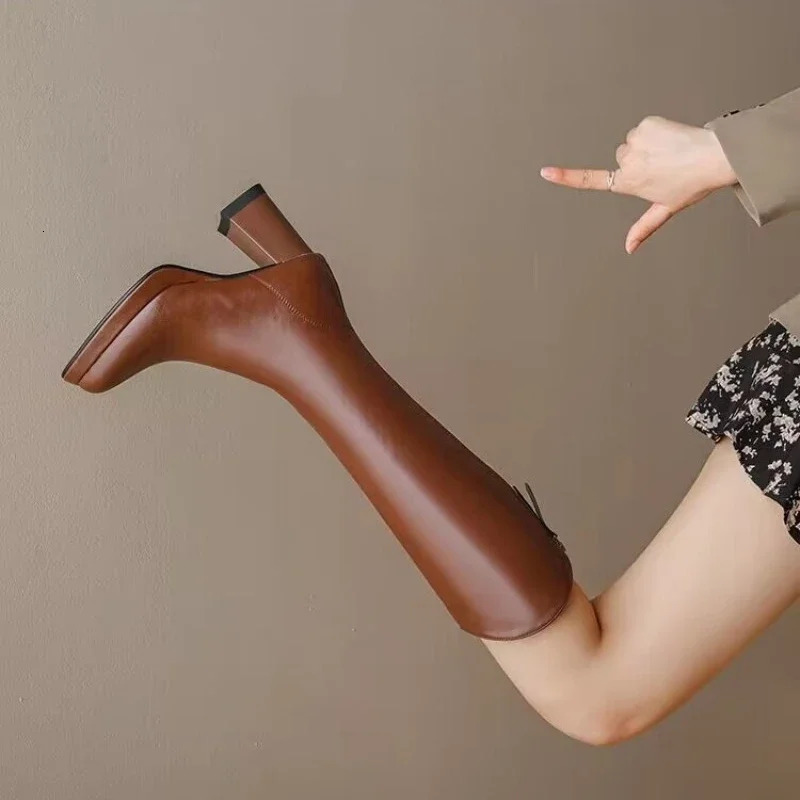 Shoes for Women New Fashion Pointed Toe Thick Heel Womens Knee High Boots Winter Warm Brown Long Boots Zapatos De Mujer 240612