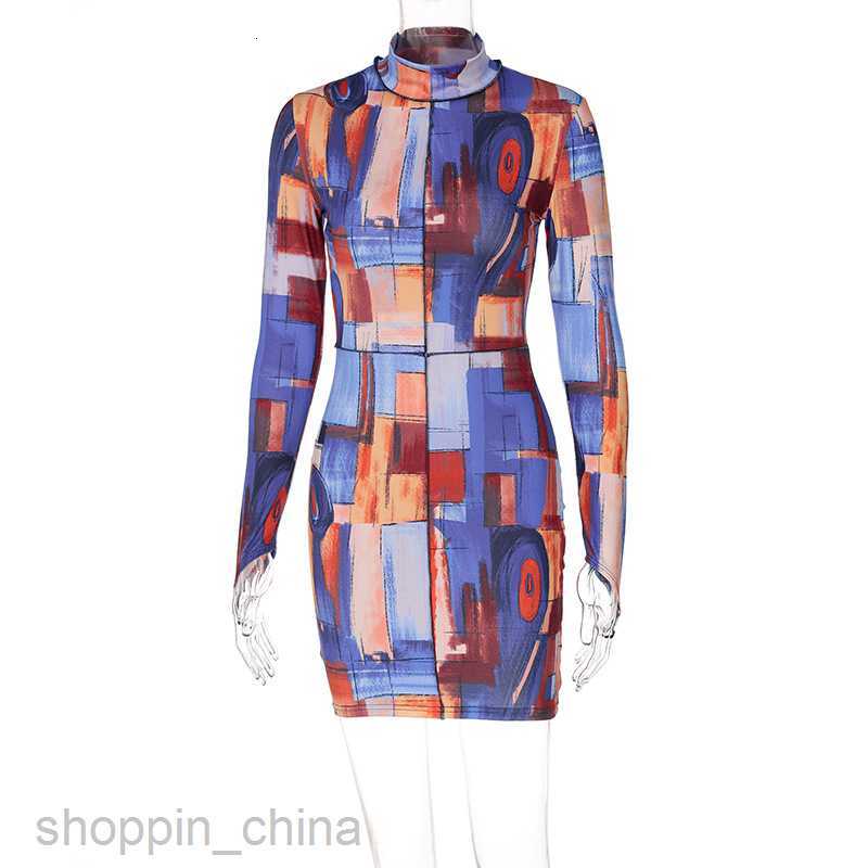 Basic Casual Dresses Spring New Women's Short Skirt Fashion Oil Painting Print Long sleeved Neck Wrapped Hip Dress