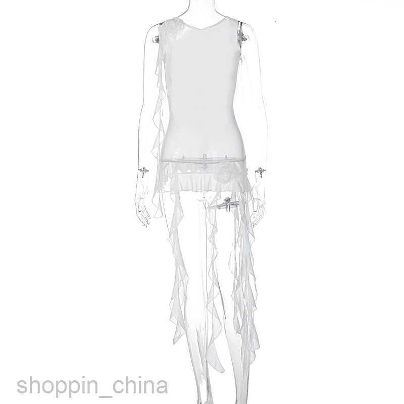 Basic Casual Dresses Style New Women's Perspective Mesh Sexy Open Back Lace up Wooden Ear Side Long T-Shirt