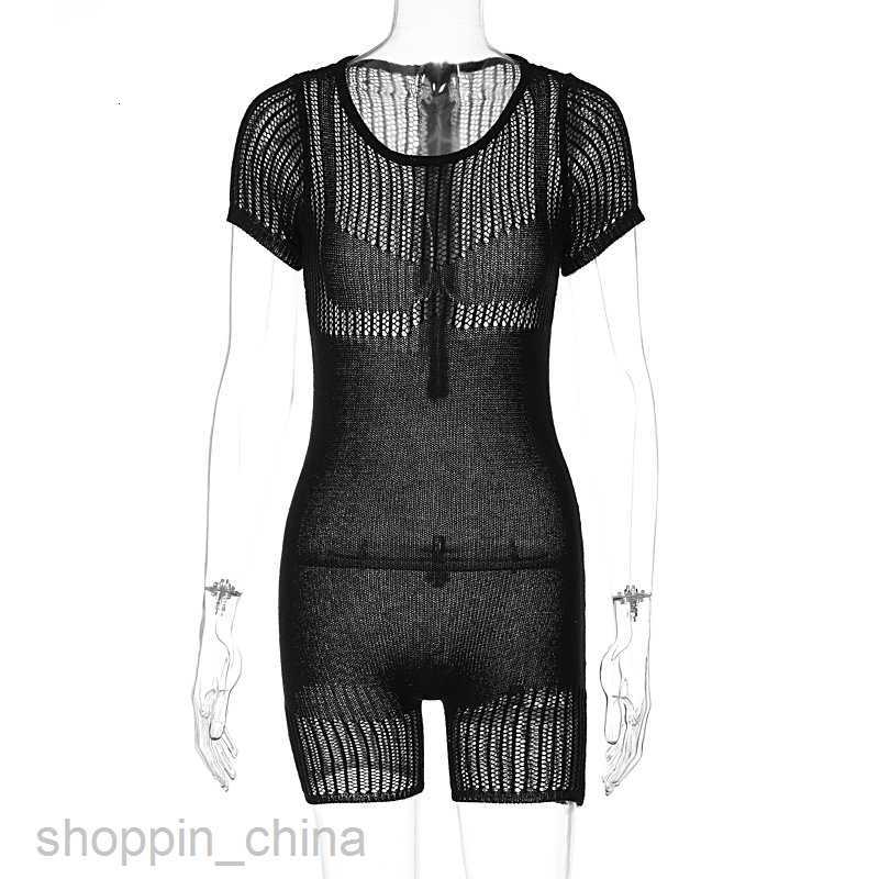 Women's Jumpsuits Rompers Feng Summer Women's New Zipper Sexy Hollow Tight Lifting Hip Knitted jumpsuit shorts for women