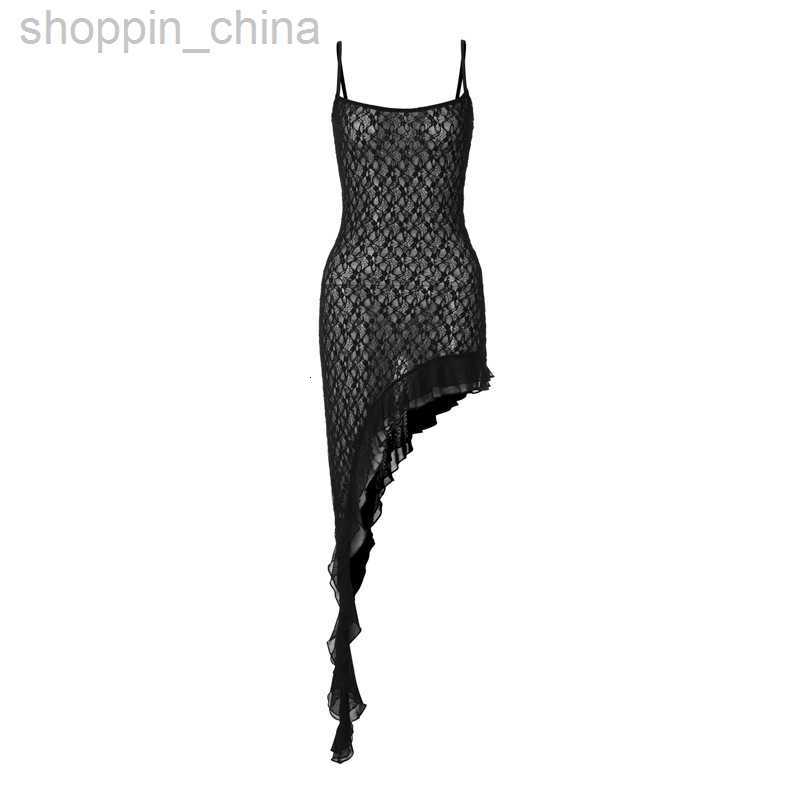 Basic Casual Dresses new sexy lace perspective solid color diagonal skirt patchwork ruffle edge suspender dress for women