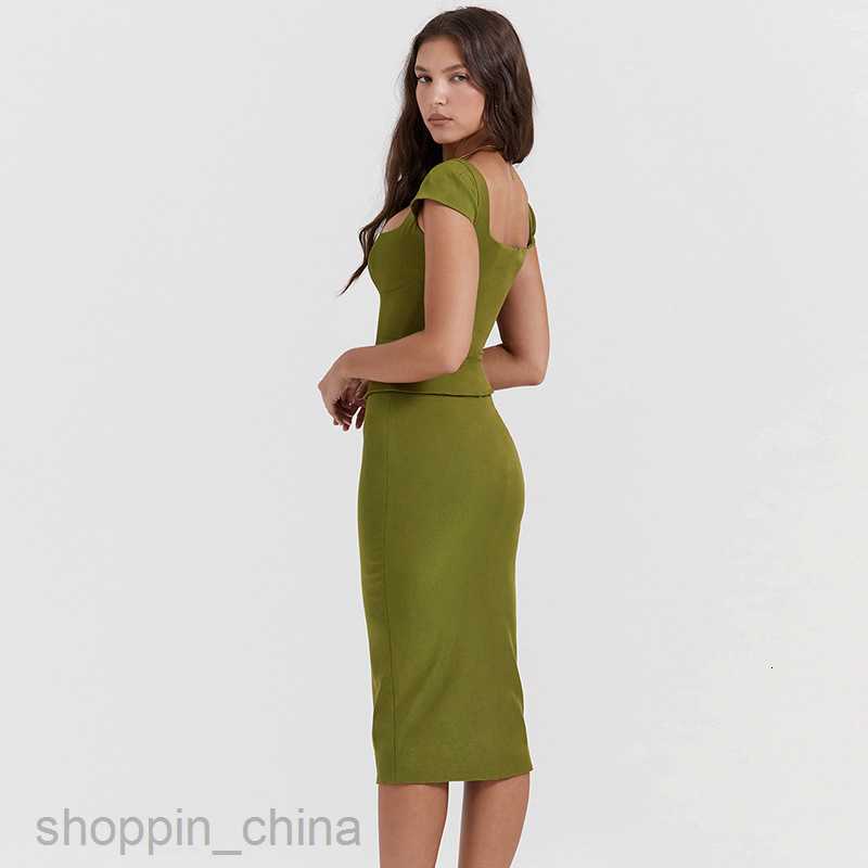 Two Piece Dress Sets Feng Spring New Casual Solid Color Short sleeved Top Close Fit and Hip Wrap Middle Style Skirt Set for Women