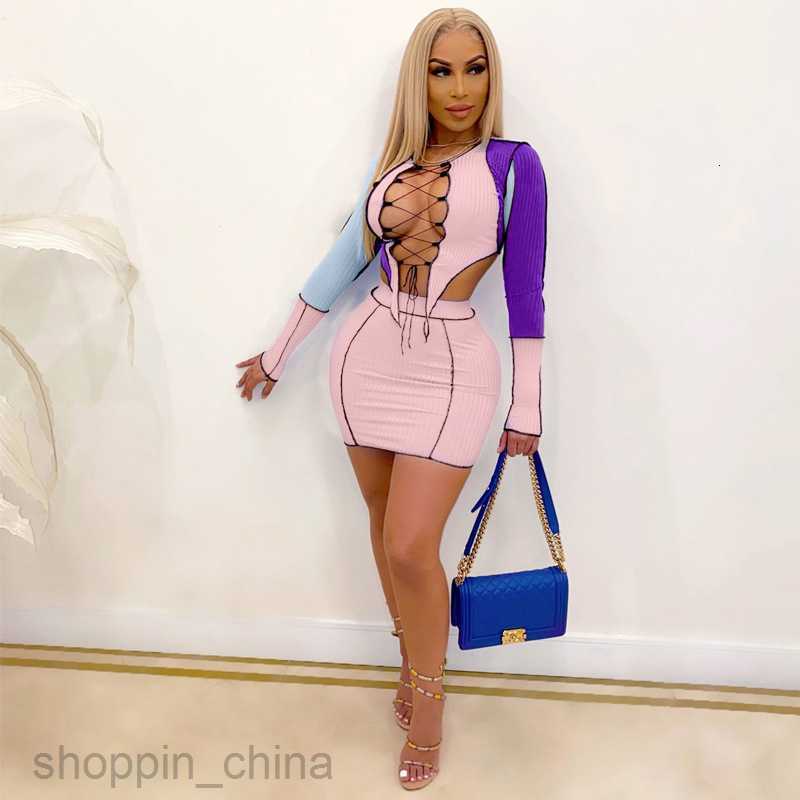 Two Piece Dress Sets Spring Top Selling New Chest Lace up Hollow Contrast Color T-shirt Short Skirt Reverse Side Set for Women