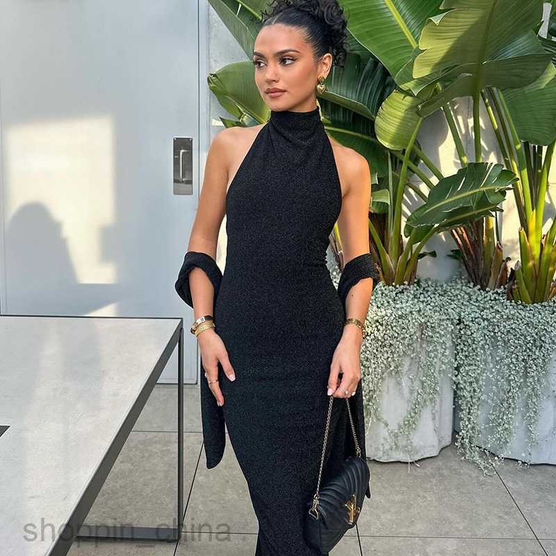 Basic Casual Dresses Fashionable temperament new sexy large piece backless hanging neck slim fitting patchwork long sleeves and shiny silk dress