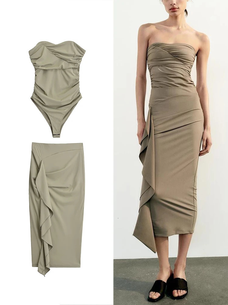 TRAFZA Womens Summer Strapless Bodysuit Ruffle Half Skirt Set Backless Sexy Tight Bodysuit Ruched Stretch Two Piece Suit 240601