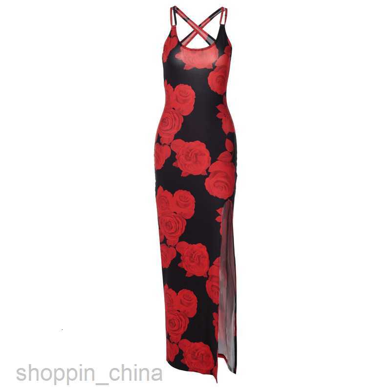 Basic Casual Women Dresses Summer Women's Fashion Printed Long Dress Sexy Split Strap Dress