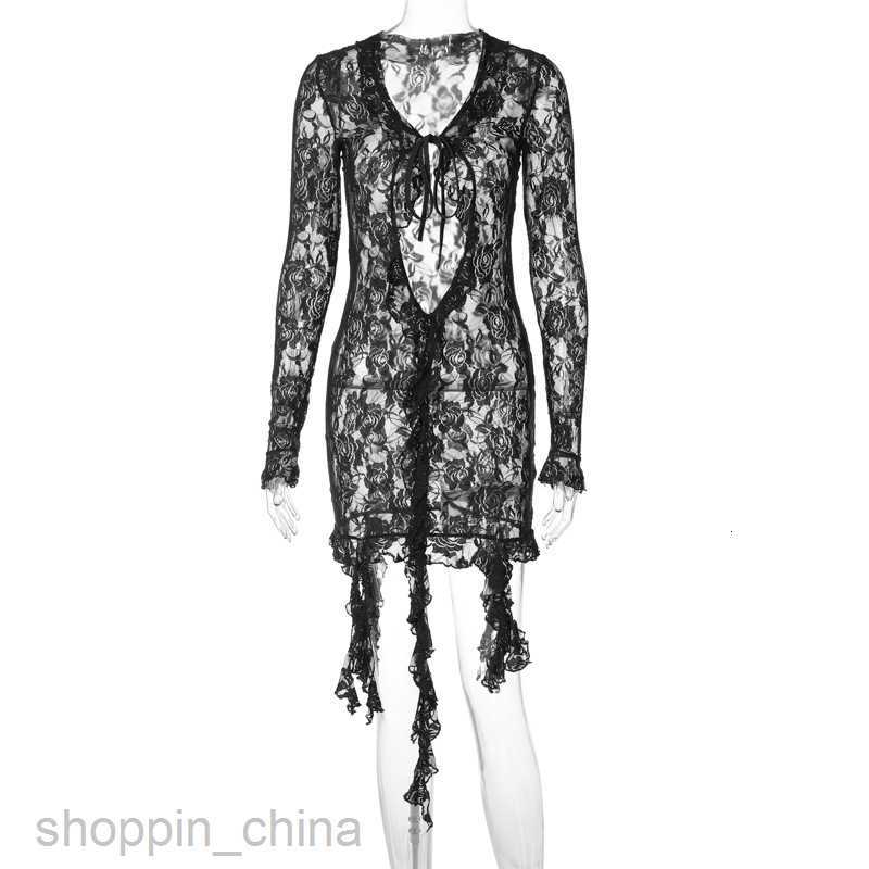 Basic Casual Women Dresses Summer Sexy Spicy Girl Lace Perspective Deep V-neck Slim Wrap Hip Dress