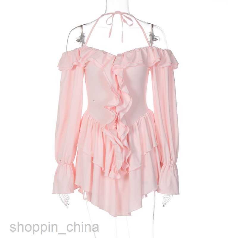 Basic Casual Women Dresses Wind Women's Summer New Sexy Hanging Neck Low cut Ruffled Edge Long sleeved jumpsuit shorts