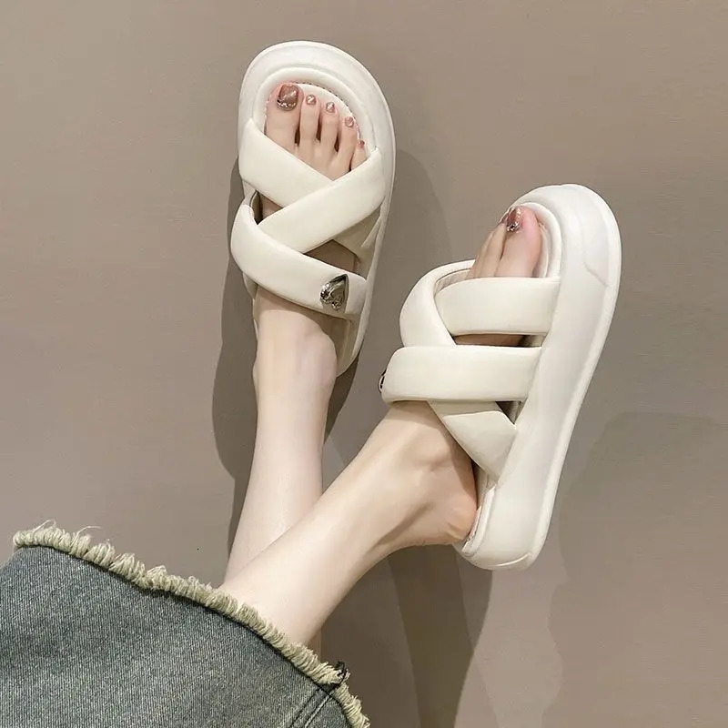 Summer Pink Chunky Platform Slippers Women Thick Bottom Wedge Heels Versatile Sandals for Woman Non Slip Outdoor 240613