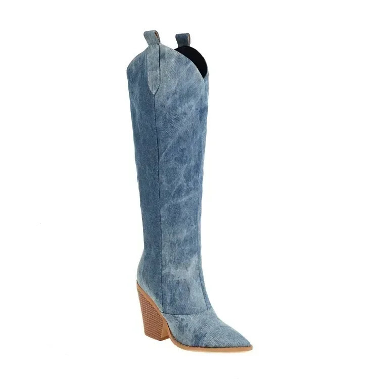 Denim Western Women Knee Thigh High Boots New Autumn Winter High Heel Cow Long Boots Size 43 Slip on Woman Shoes 240612