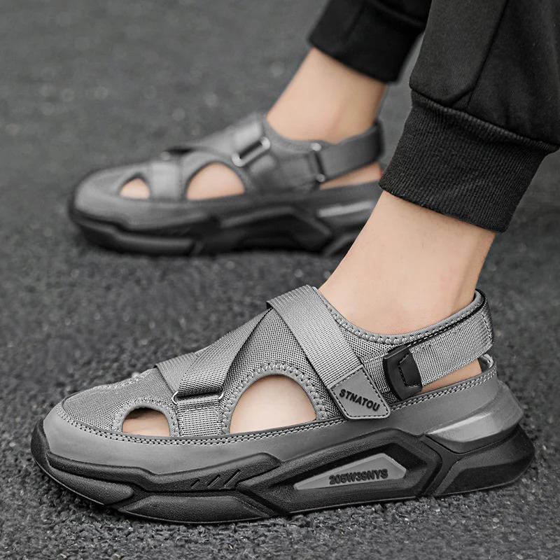 Hollow Slippers Mens 2024 Summer Baotou Slippers Male Shoes Casual Lace Up Canvas Sports Color-block Sandal For Outside 240612