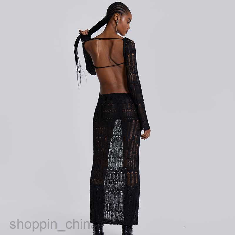 Basic Casual Women Dresses spring new sexy backless hollow out perspective long sleeved slim fit temperament long woolen knit dress for women