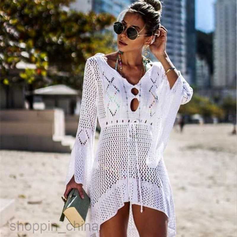 New Beach Cover Up Crochet For Women Knitted Tassel Tie Beachwear Summer Fashion Swimsuit Cover Up Sexy See-through Beach Dress S02