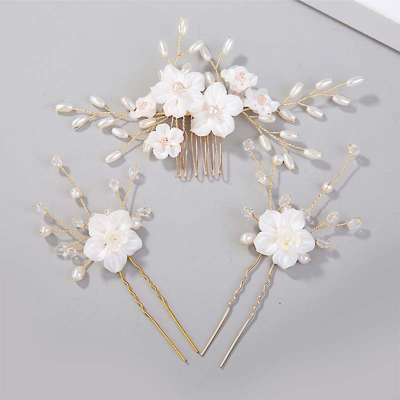 White Flower Pearls Hair Sticks Wedding Head Comb Hairpins Hair Clips Set Bridal Wedding Hair Jewelry Accessories Headwear Gift