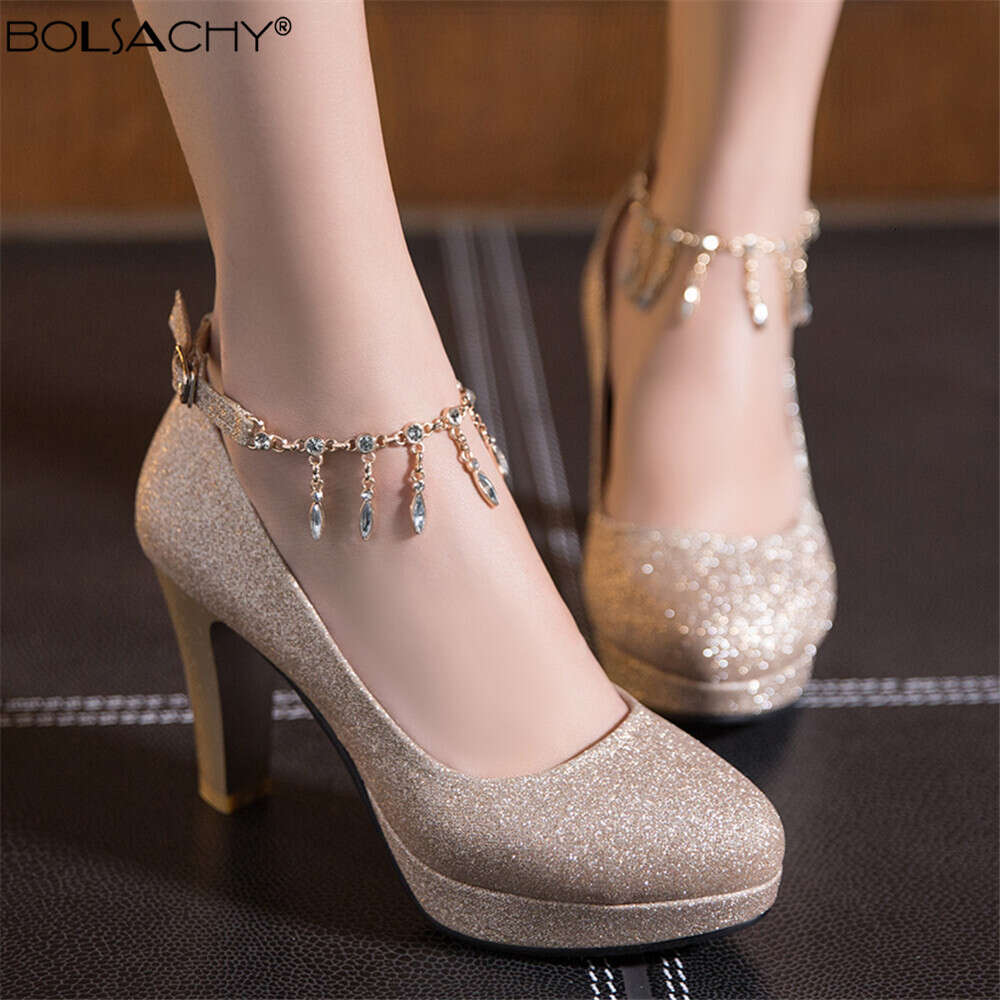 Spring Gold High Heels Platform Woman Pumps Autumn 2023 Crystal Ankle Ctrap Wedding Shoe Tacones Mujer Sier Pink 31-43