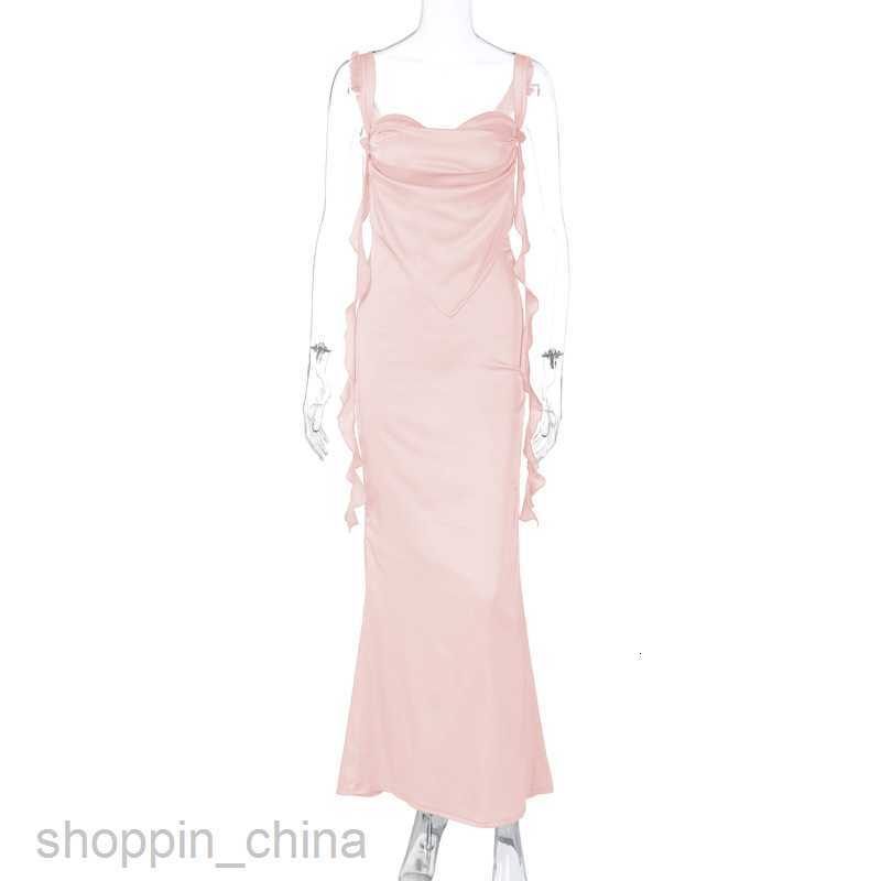 Basic Casual Women Dresses Summer New Internet Celebrity Same Style Lace Hanging Strap Open Back Dress Fashionable Ruffle Edge Flowing Strap Long Dres