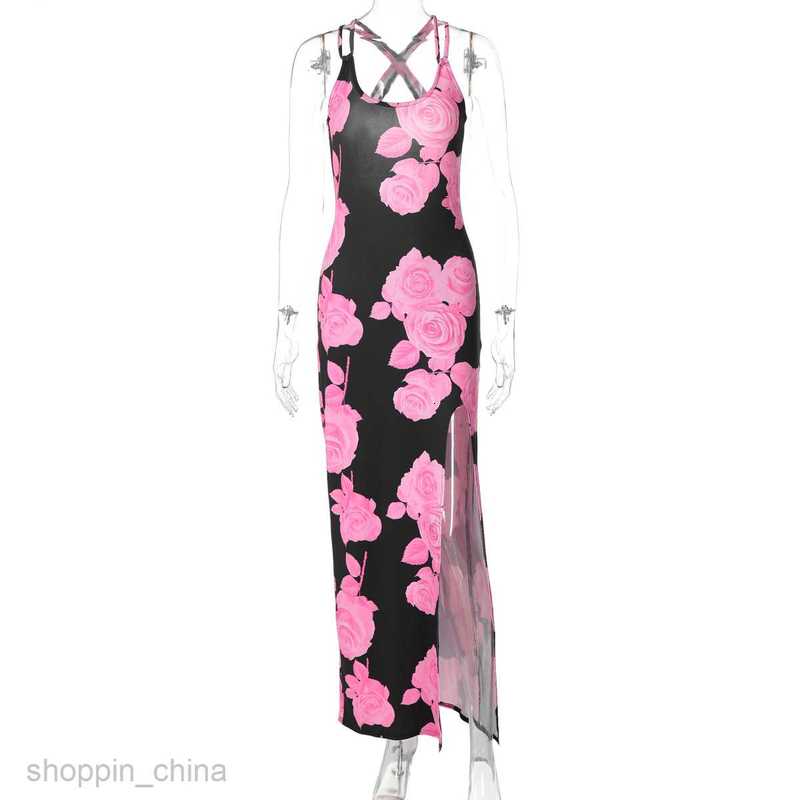 Basic Casual Women Dresses Summer Women's Fashion Printed Long Dress Sexy Split Strap Dress