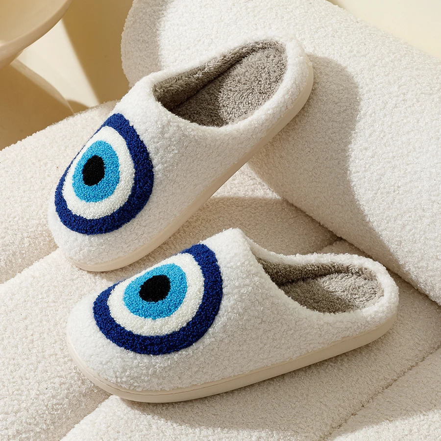 Evil Eyes Blue Embroidery slippers High Quality Women Men Slippers Fashion Pattern Shoes Warm Home Devils Eyes Houseshoes 240612