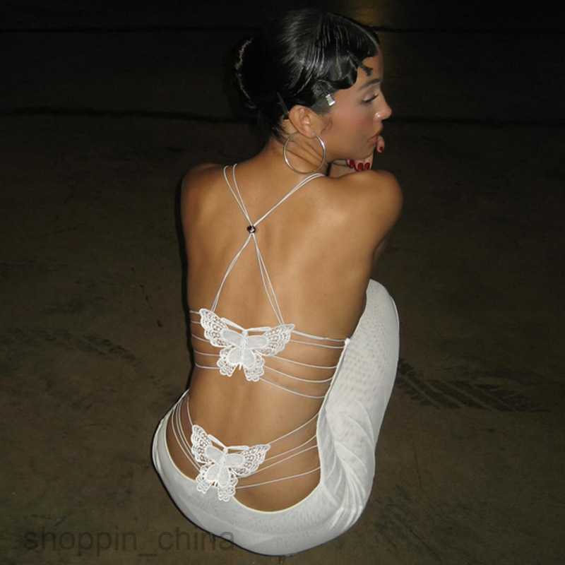 Basic Casual Women Dresses Sexy street new women's hollowed out patchwork bow tie slim fitting long double layered suspender dress