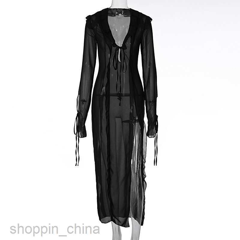 Basic Casual Women Dresses Feng Spring New Women's Sexy Perspective Reverse Side Lace V-neck Split Dress for Women