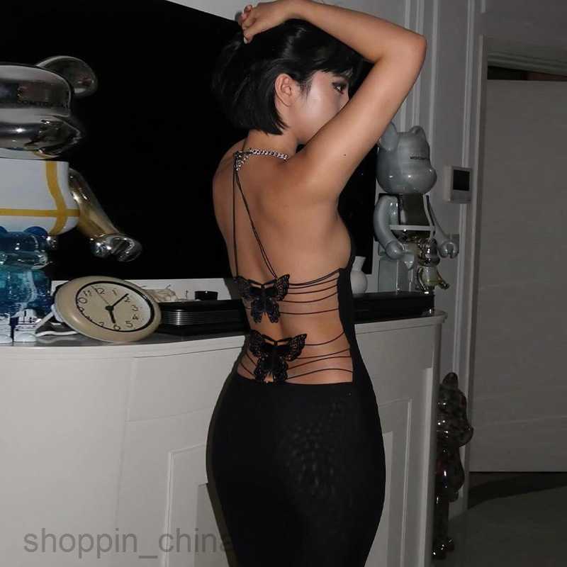 Basic Casual Women Dresses Sexy street new women's hollowed out patchwork bow tie slim fitting long double layered suspender dress