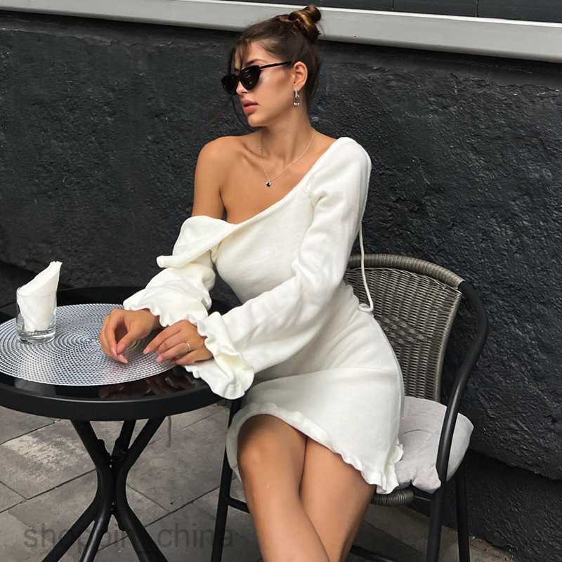 Basic Casual Women Dresses Woolen sexy lace up backless dress style spring new flared long sleeved solid color short skirt