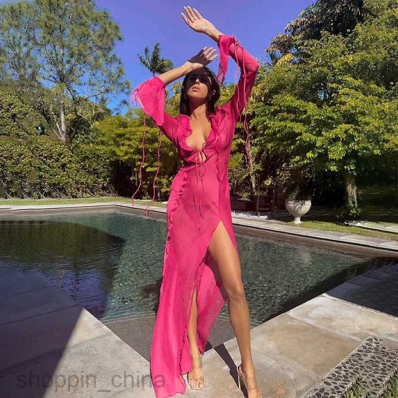 Basic Casual Women Dresses Feng Spring New Women's Sexy Perspective Reverse Side Lace V-neck Split Dress for Women