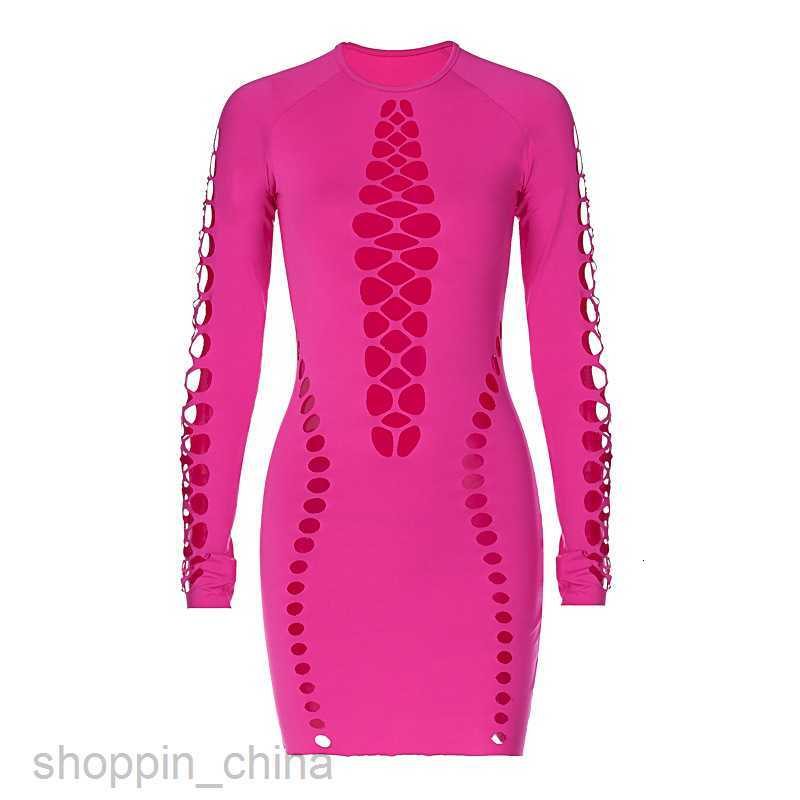 Basic Casual Dresses New Women's Pure Color Sexy Hollow Long Sleeve Round Neck Short Fitted Dress