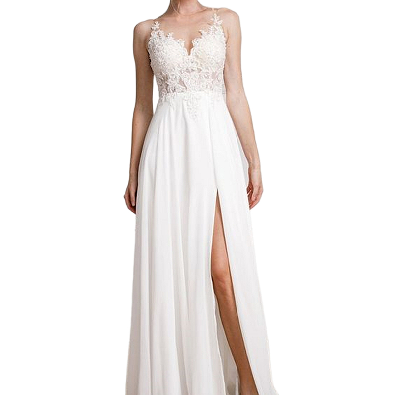 Simple White Chiffon Beach Wedding Dress Straps Lace Appliques A-Line Long Bridal Gowns Side Slit Sexy Summer Boho Bride Dresses 2024