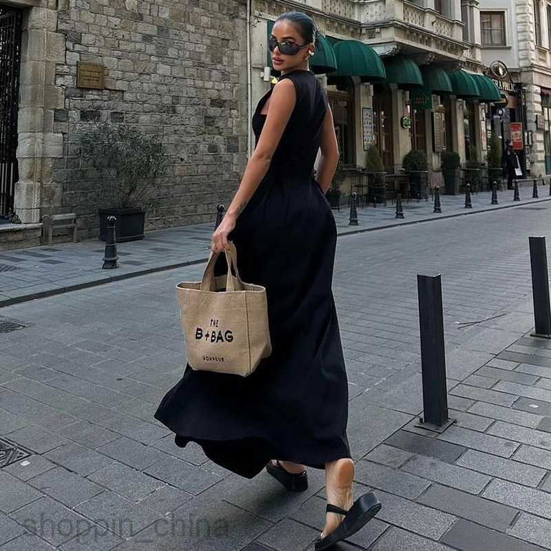 designer summer new style zipper waist pocket long solid color sleeveless dress G05