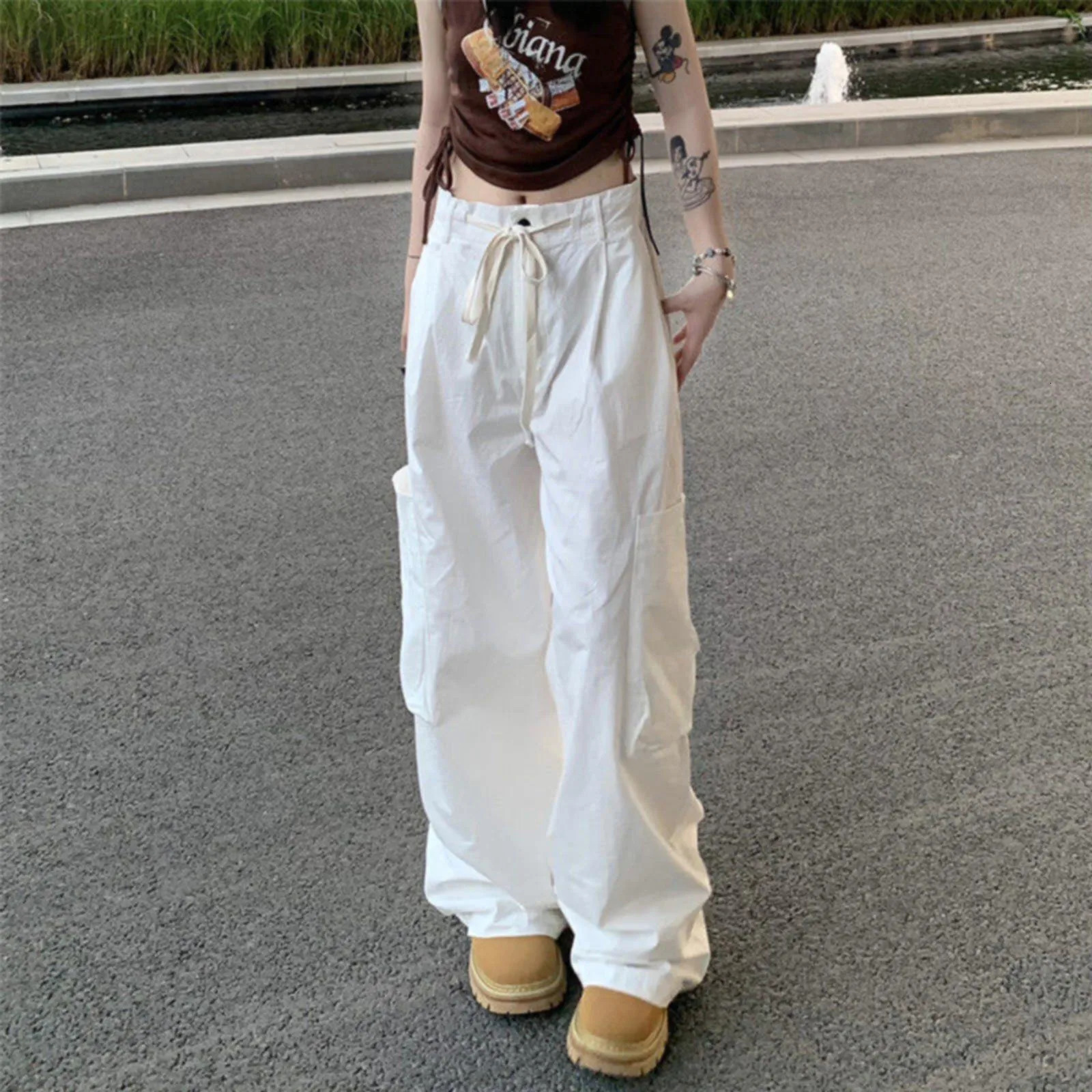 Y2K Casual Cargo Pants Women Streetwear Drawstring Loose Wide Leg Straight Trousers Fashion Lady Oversize Sweatpants 240530