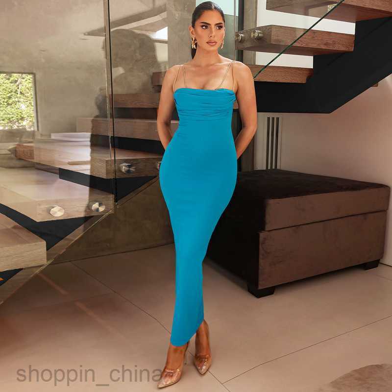Basic Casual Women Dresses Feng Summer Women's Wear New Metal Chain Sexy Hanging Strap Pleated Slim Fit Wrapped Hip Dress