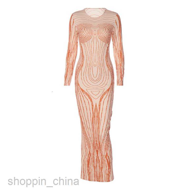 Basic Casual Women Dresses Women Spring New Fashionable Abstract Copying Human Body Print Long style Wrapped Hip Long sleeved Dress for Woman