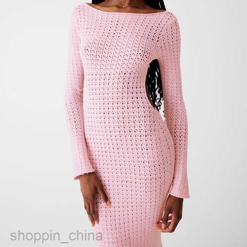 Basic Casual Women Dresses Sexy backless sweater knitted dress for women's clothing spring new long sleeved solid color slim fit long dress for w