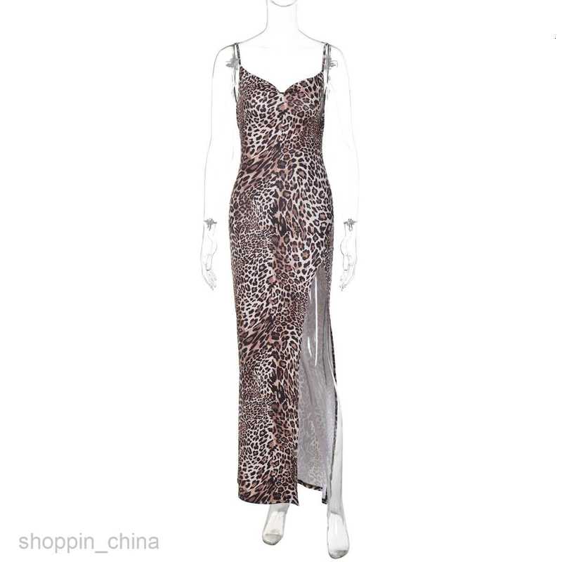 Basic Casual Dresses Summer Street Style New Fashion Leopard Print Sexy V-neck Split Strap Dress for Women Shirt Dress