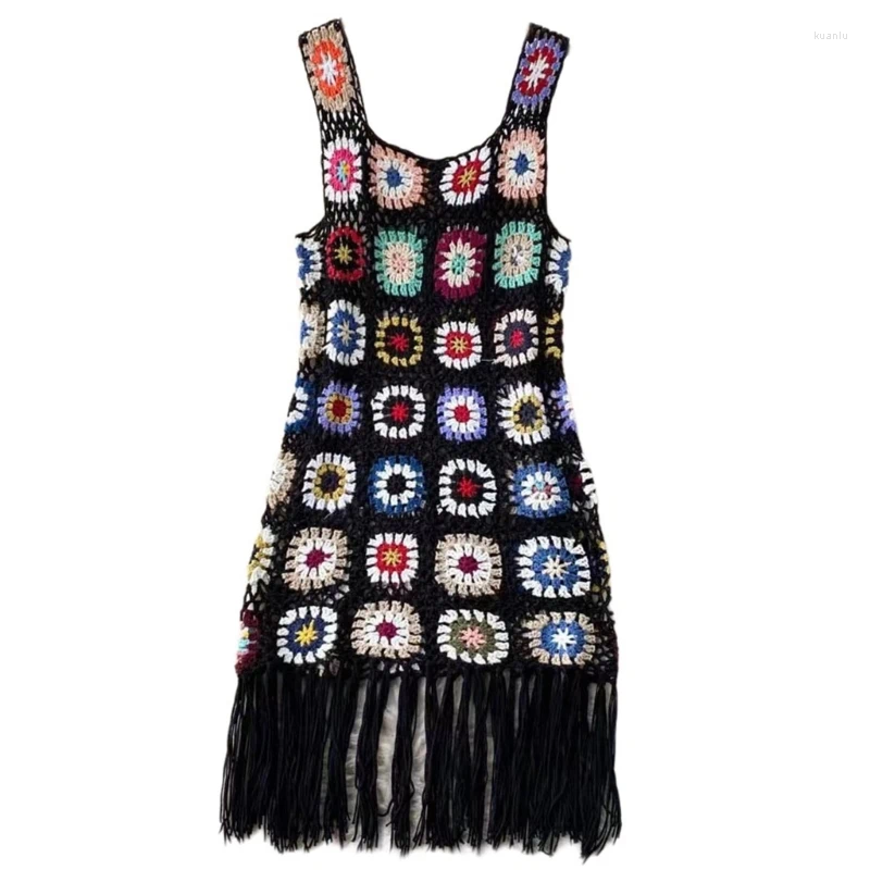 Casual Dresses Women Crocheted Flower Beach Sleeveless Square Neck A Line Short Cover Up Dress 10CF