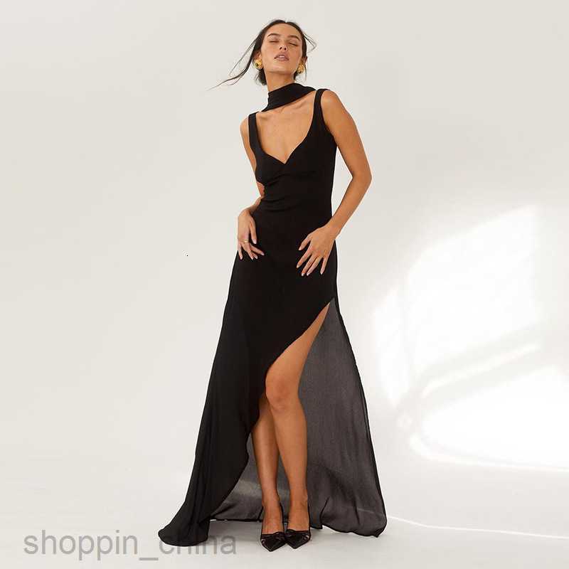 Basic Casual Dresses new sexy backless deep V temperament slim fit slit long dress ribbon decoration for women