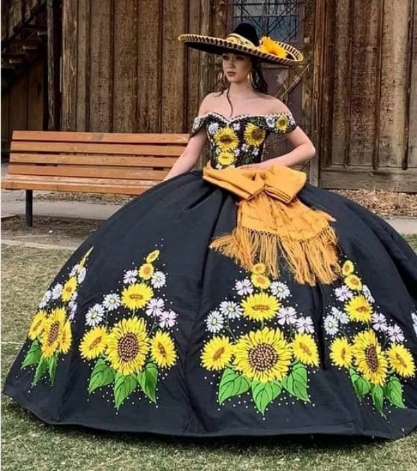 Mexican Embroidered Suower Black Quinceanera 2024 Bow Ball Gown Off Shoulder Charro Sweet 16 Dresses