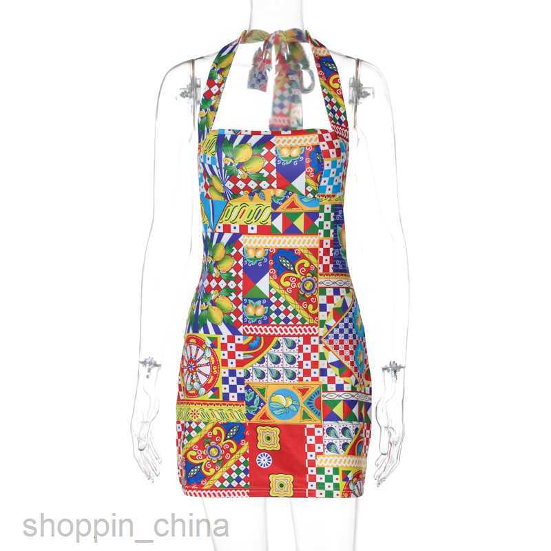 Basic Casual Dresses Feng Summer New Women's Fashion Printed Short Skirt Sexy Lace up Neck Hanging Open Back Dress