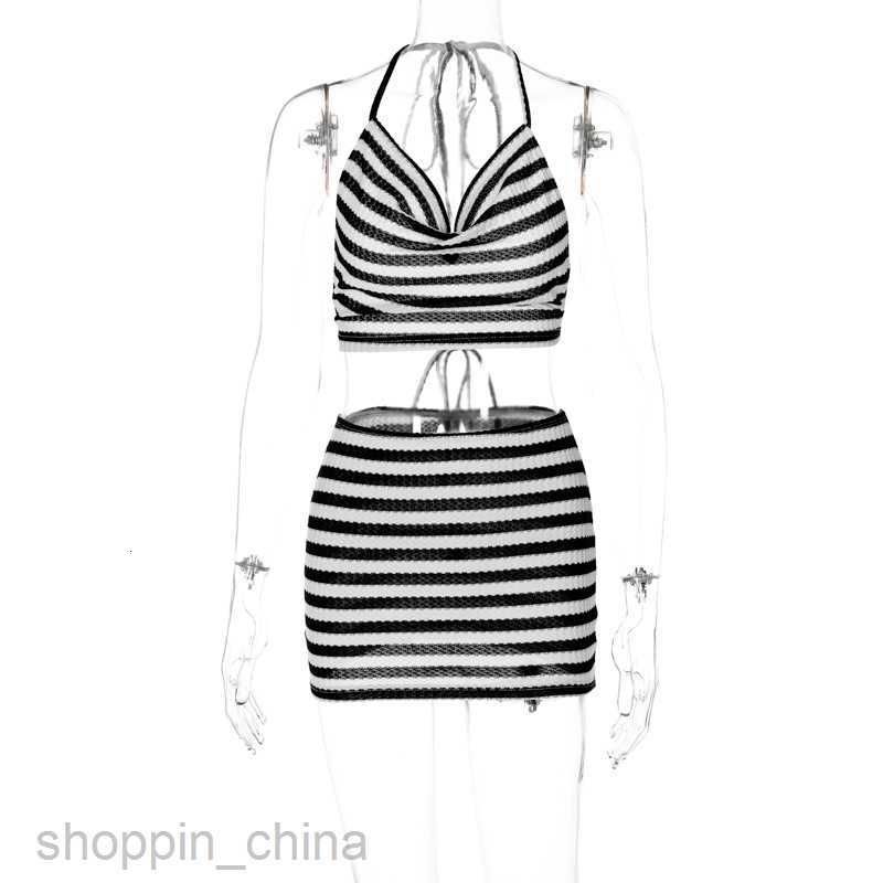 Two Piece Dress Sets New sexy hanging neck backless chest wrapped fashion striped buttocks wrapped short skirt set for women