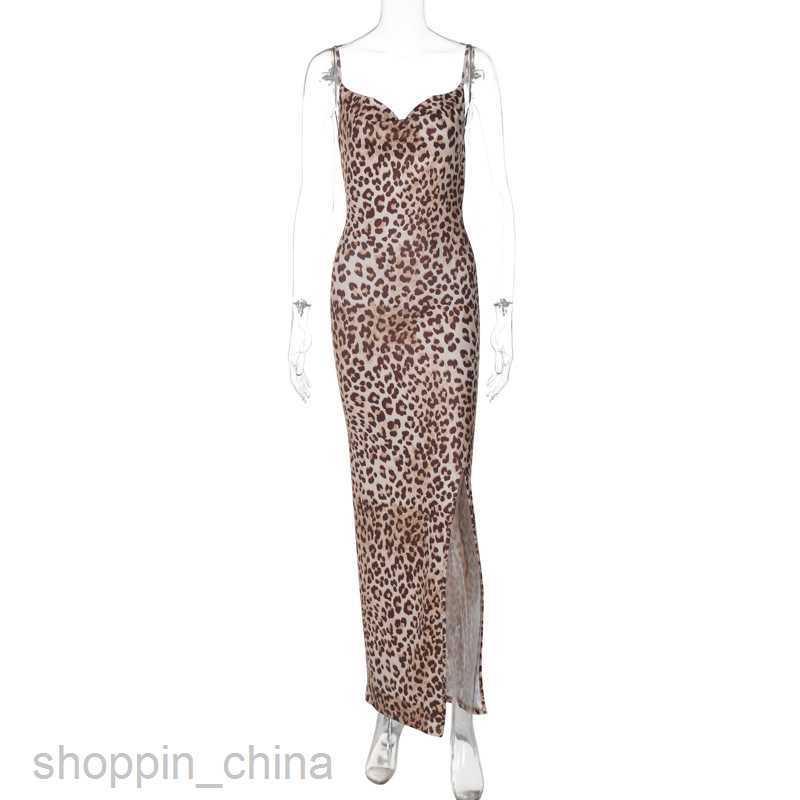 Basic Casual Dresses Feng Summer New Fashion Print Slim Fit Split Sexy Open Back Suspended Dress