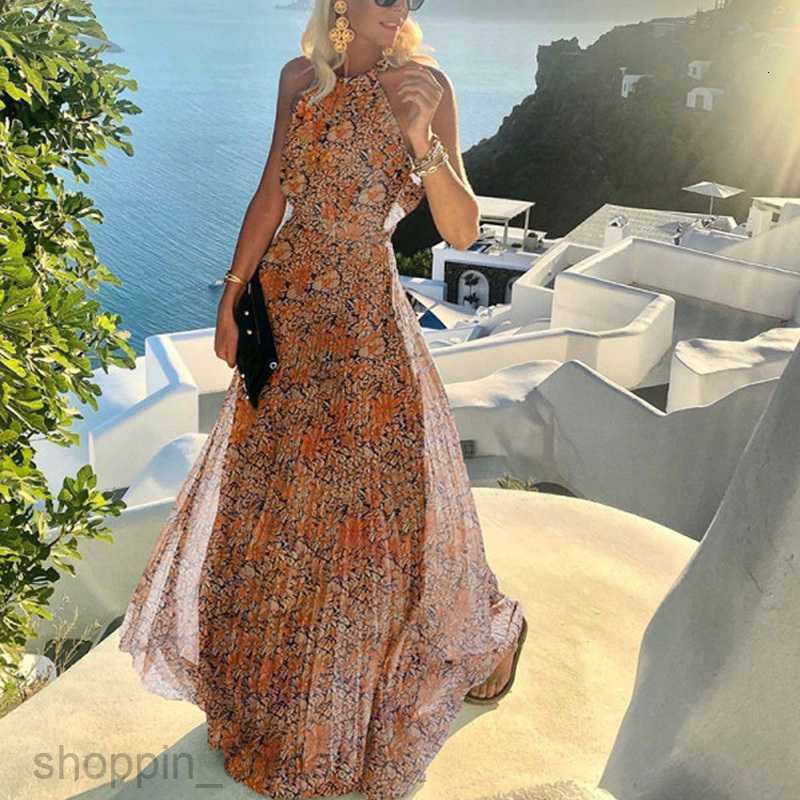 Women Sexy Halter O Neck Long Dress Summer Sleeveless Pleated Maxi Party Dress Elegant Lady Polka Dot Beach Dress Vestidos S02