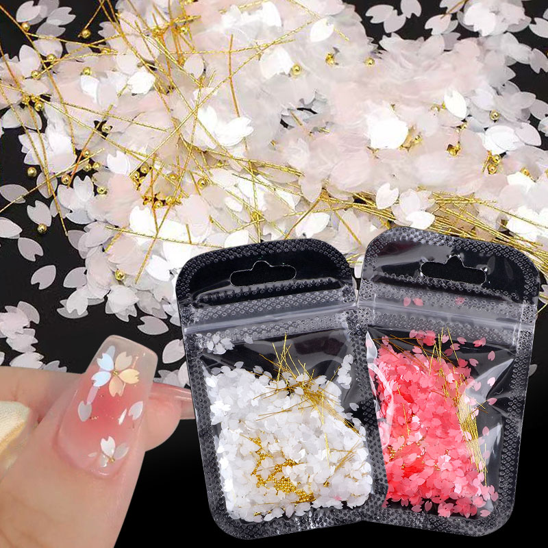 1Bag Cherry Flower Petals Nail Sequins Irregular Glass Paper Heart Floral Leaves Mixed Nail Art 3D Flakes Manicure Decorations