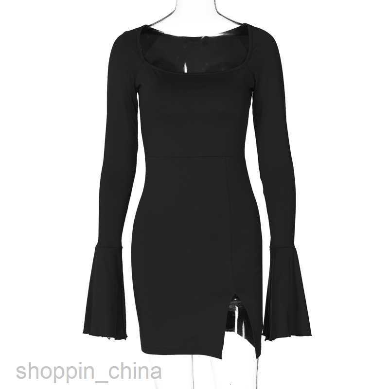 Basic Casual Dresses Feng Spring New Women's Solid Color Horn Long sleeved Split Short Skirt Sexy Wrapped Hip Dress