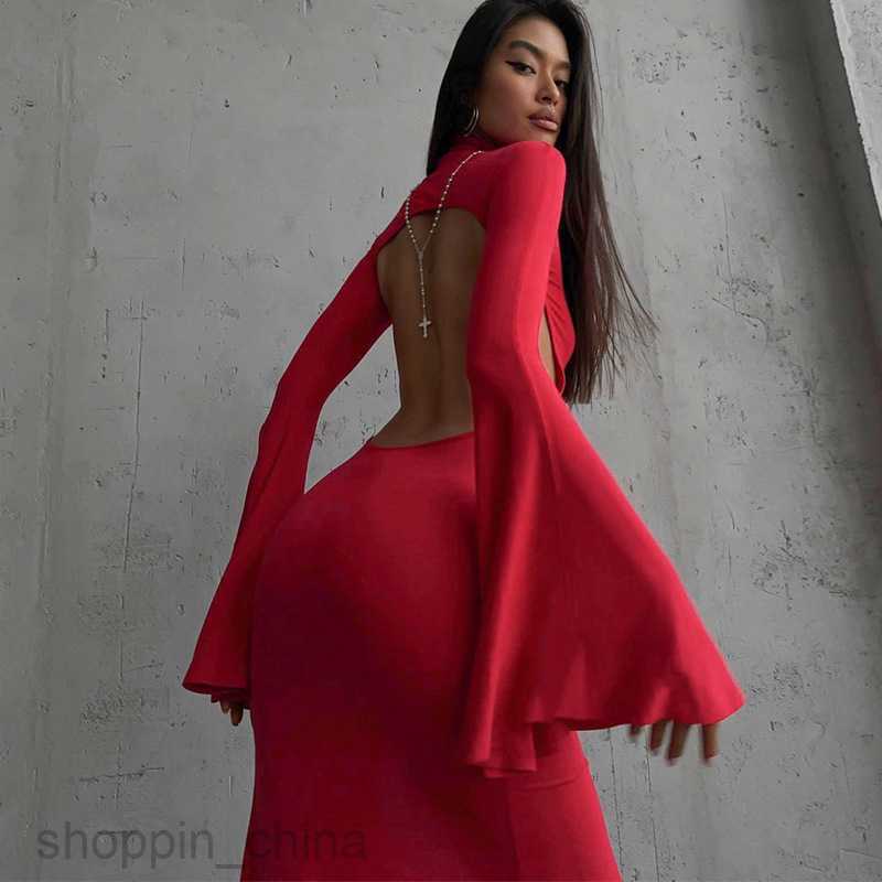 Basic Casual Dresses Feng Spring Women's New Flare Sleeves Sexy Open Back Split Long Dress Slim Fit Dress
