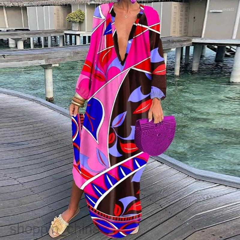 Casual Dresses Women Print Loose Beach Elegant Retro Harajuku V-Neck Maxi Dress Sexy Long Sleeve Oversized S02