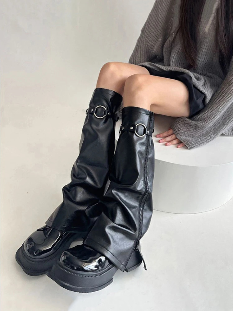 REDDACHiC Goth Zip-up Womens Leg Warmers with Calf Leg Ring Faux Leather Boots Covers Knee Long Socks Vintage Y2k Streetwear 240613