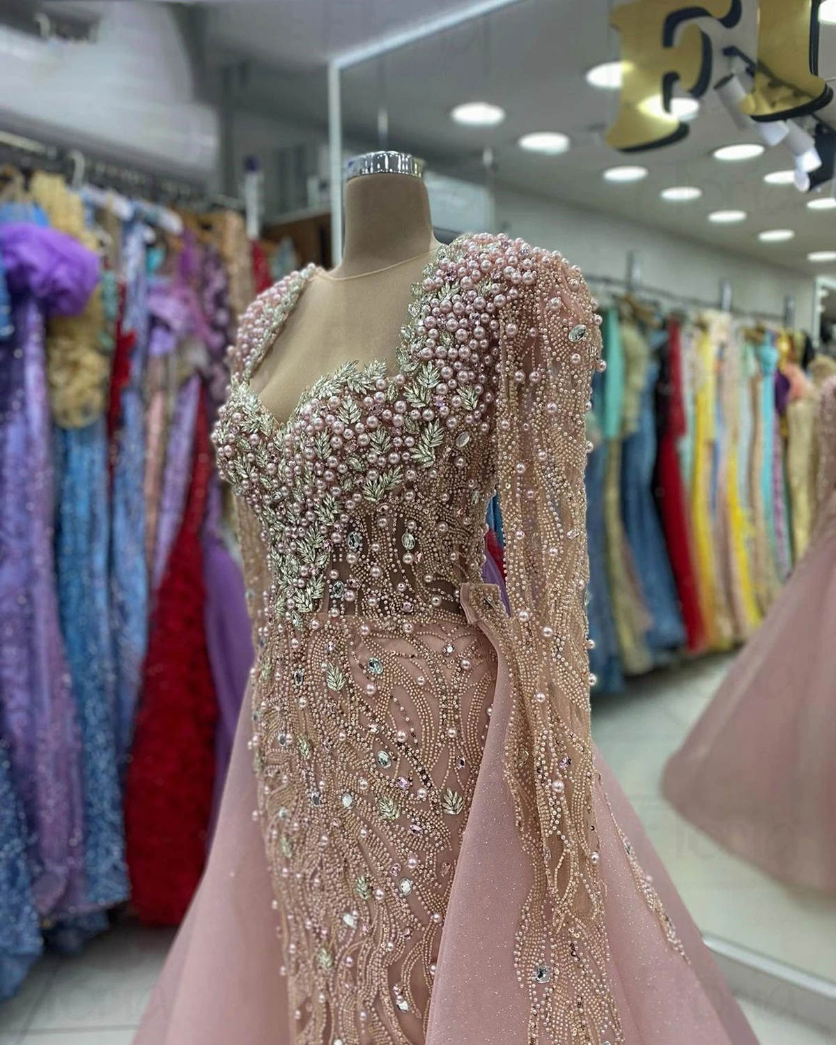 Luxury Evening Dresses Pearl Crystal Prom Gowns with Overskirt Beading Long Sleeve Custom Made Party Dresses Vestidos de noche